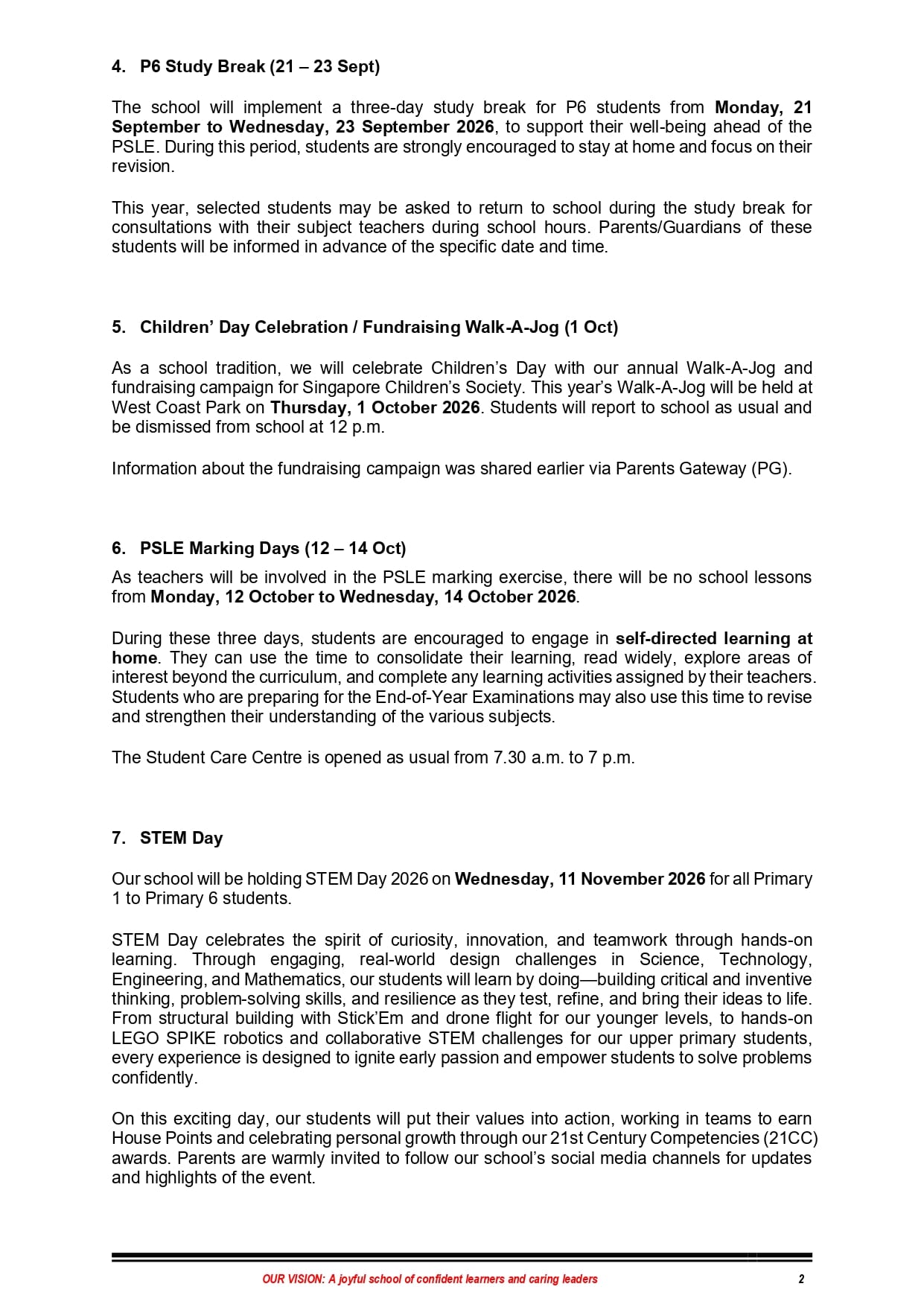 Page lists school events: P6 study break, Children’s Day walk-a-jog, PSLE marking days, STEM Day with dates.
